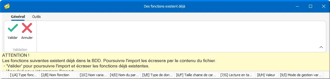 Alerte import modèle structure